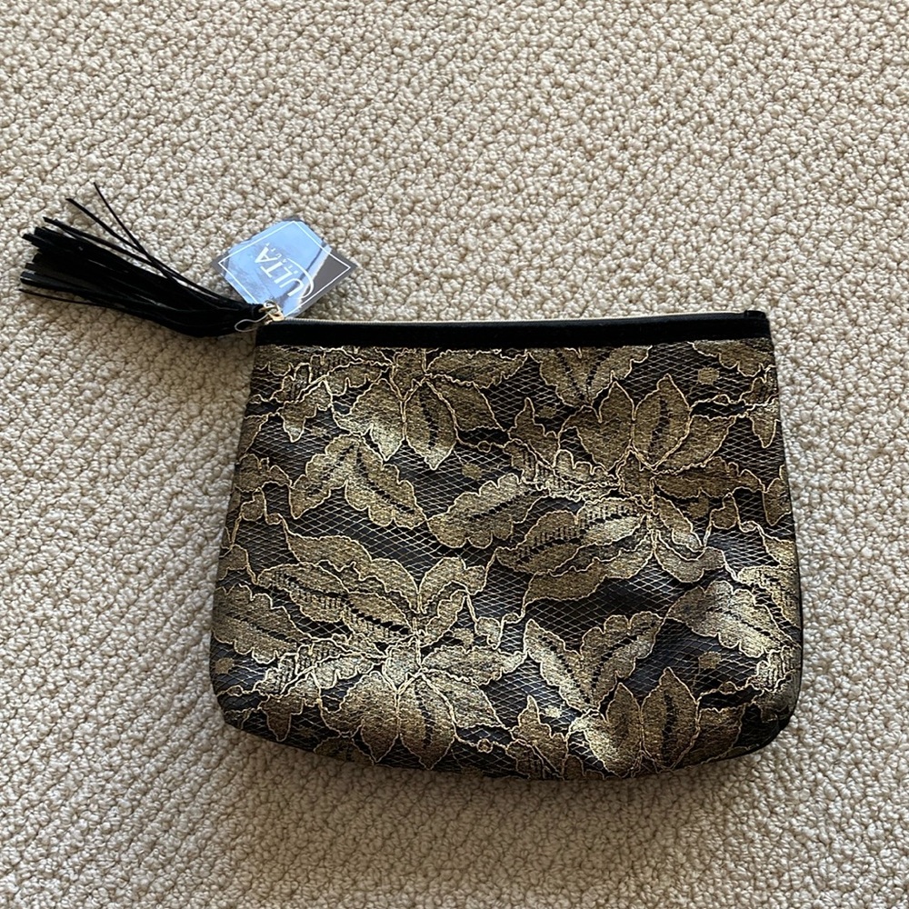 NEW Ulta Beauty Cosmetic Case Bag 8” x 9.75” Gold Black Suede Pattern Tassel NWT